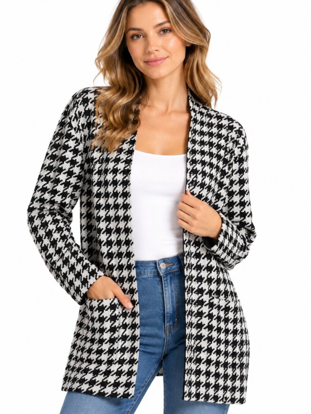 Cyrus Black & White Houndstooth Open Front Cardigan Blazer Size L NWT